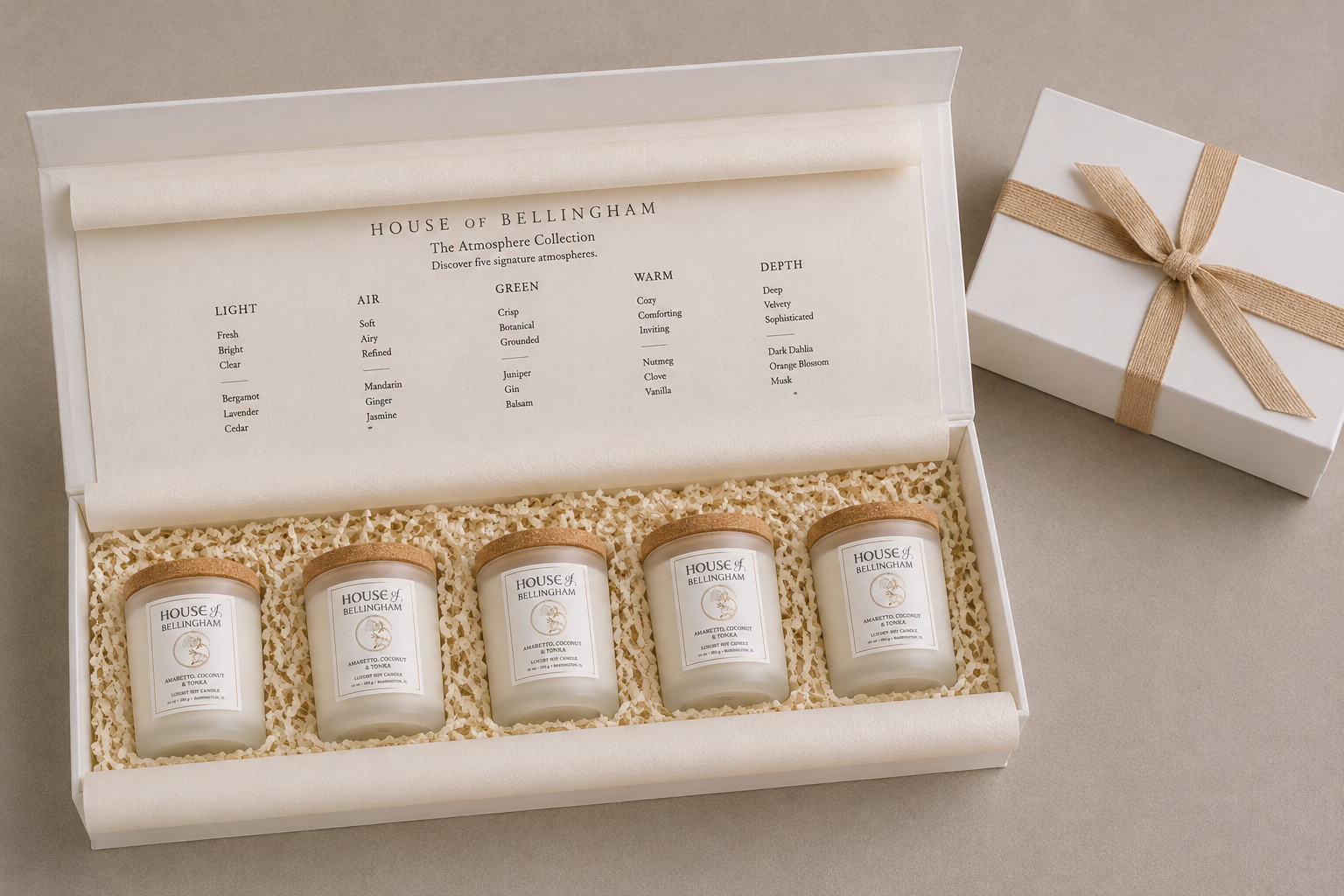 The Atmosphere Collection by House of Bellingham, featuring five candles in a white gift box with a collection guide and ribboned presentation box.