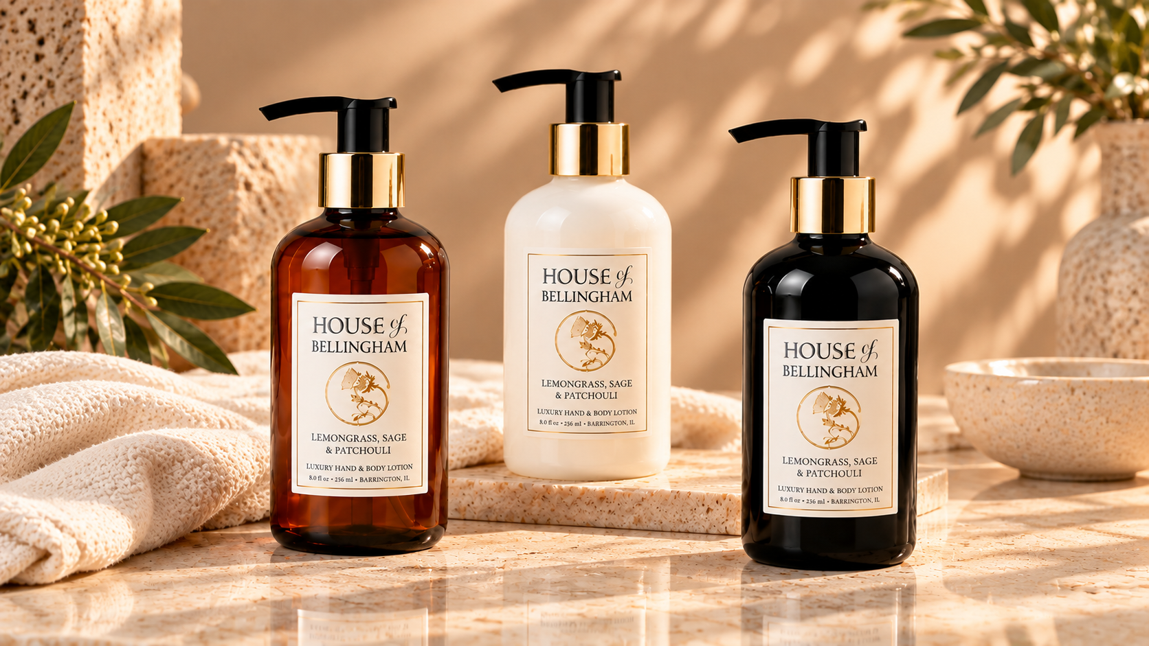 Three House of Bellingham luxury hand and body lotion bottles in amber, white and black finishes, styled with soft towels and natural stone in a warm spa setting.