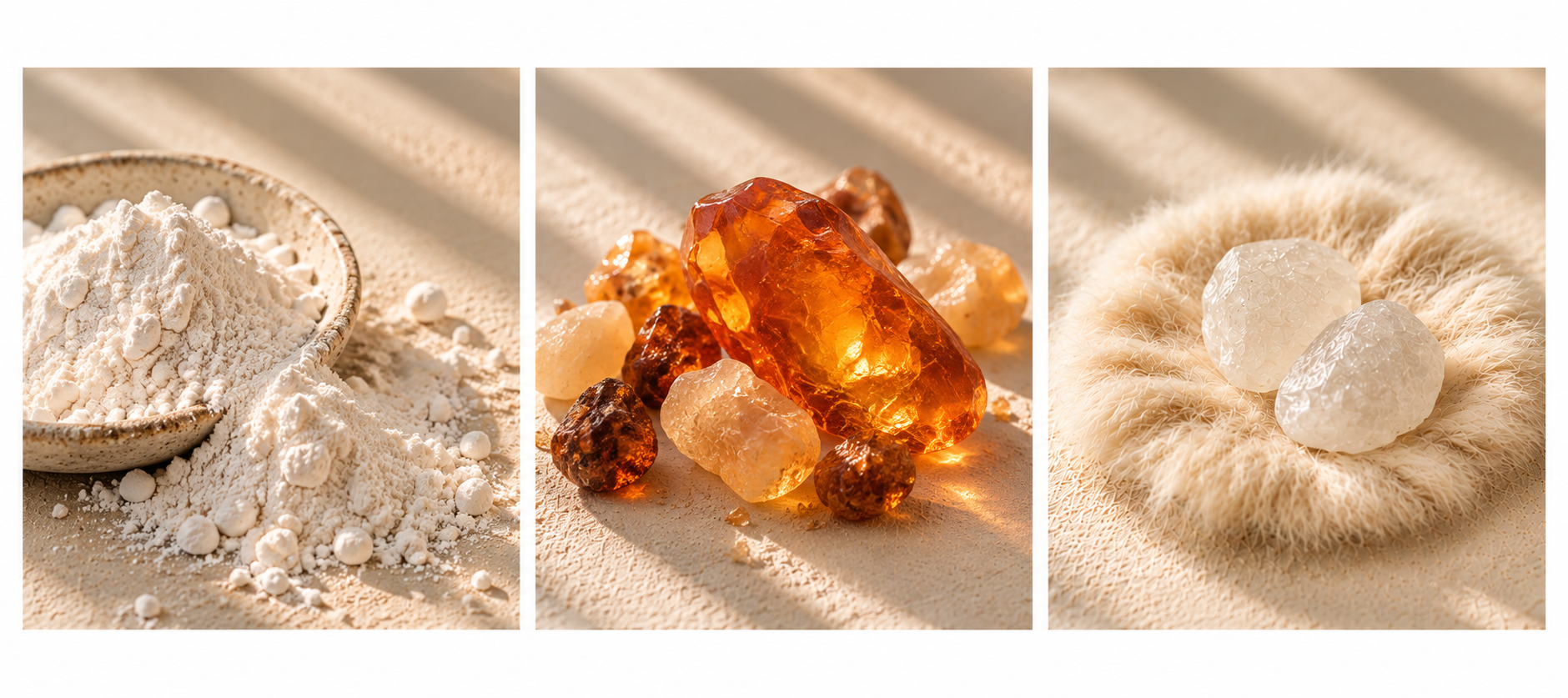 House of Bellingham’s Powder, Amber & Musk fragrance, featuring soft ivory powder, golden amber resin, and translucent white forms representing musk.