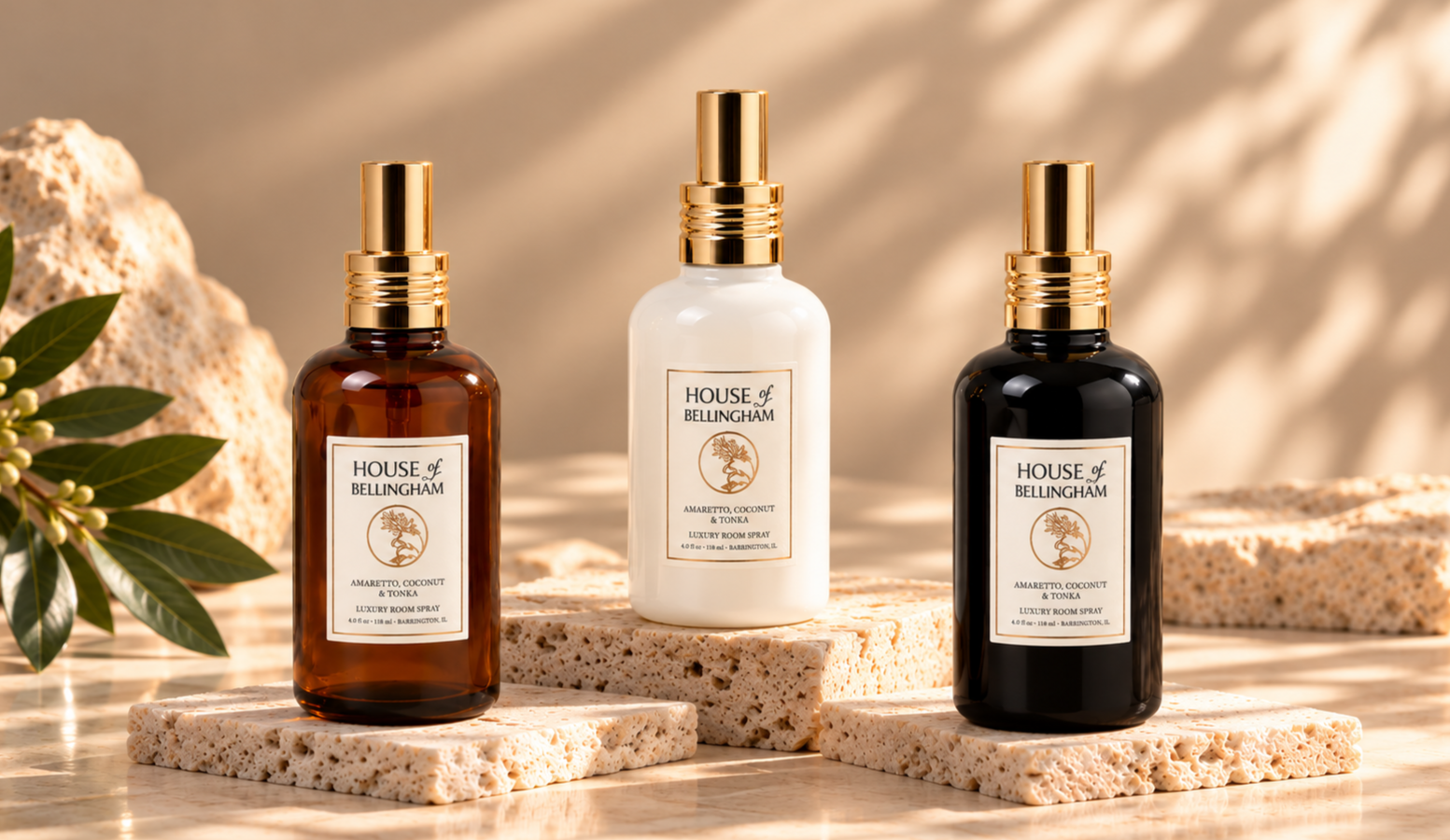 House of Bellingham luxury room sprays in amber, glossy white and glossy black finishes.