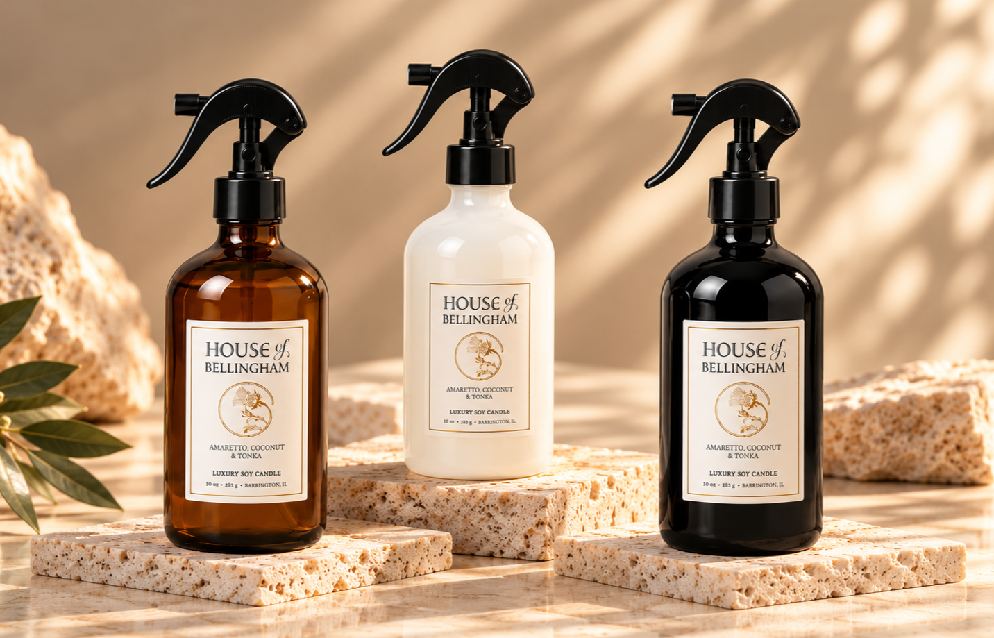 House of Bellingham luxury countertop sprays in amber, glossy white and glossy black finishes.