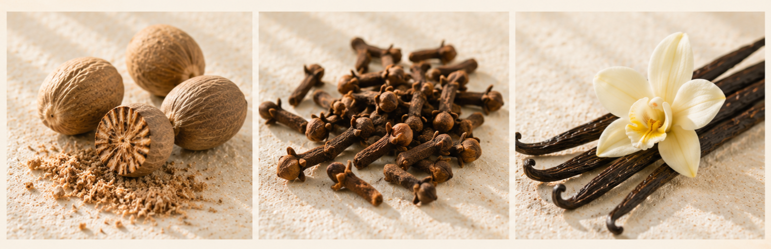 Nutmeg, Clove & Vanilla scent profile featuring whole nutmeg, aromatic cloves, vanilla beans, and a vanilla flower.
