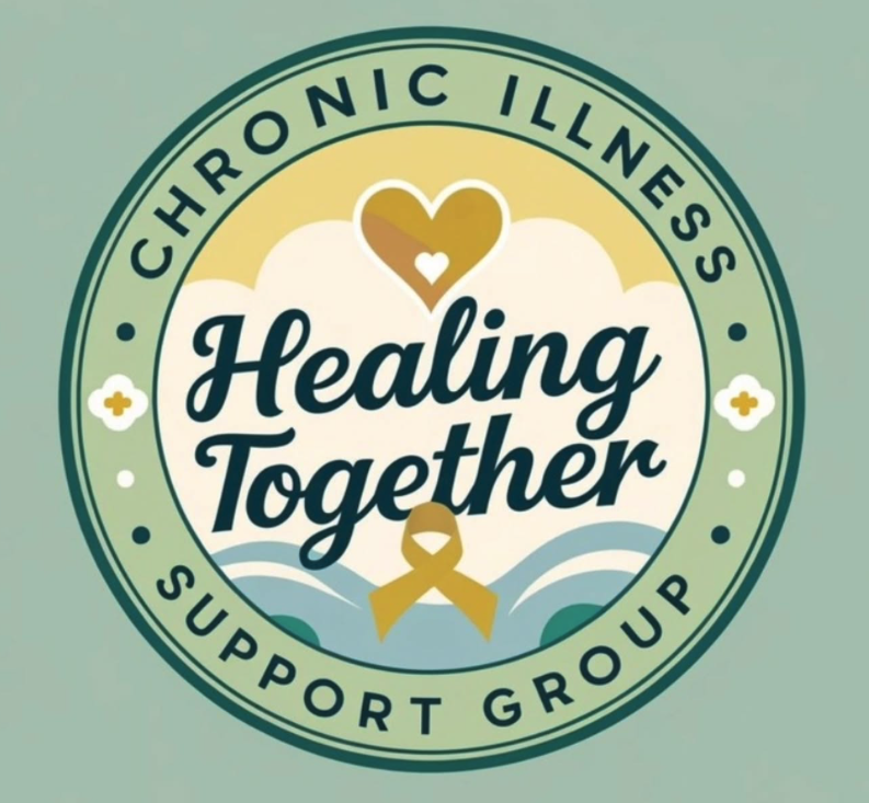 A circular logo with a green border and the words 'Chronic Illness Support Group' around the edge. Inside, it says 'Healing Together' with a heart, ribbon, clouds, and mountains in the background, symbolizing support and healing for chronic illness.