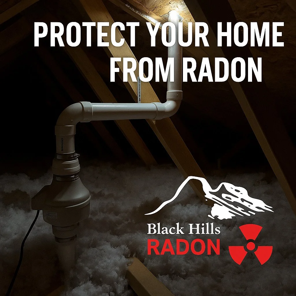 A warning sign in an attic space with exposed wooden beams and a pipe, advising to protect your home from radon.