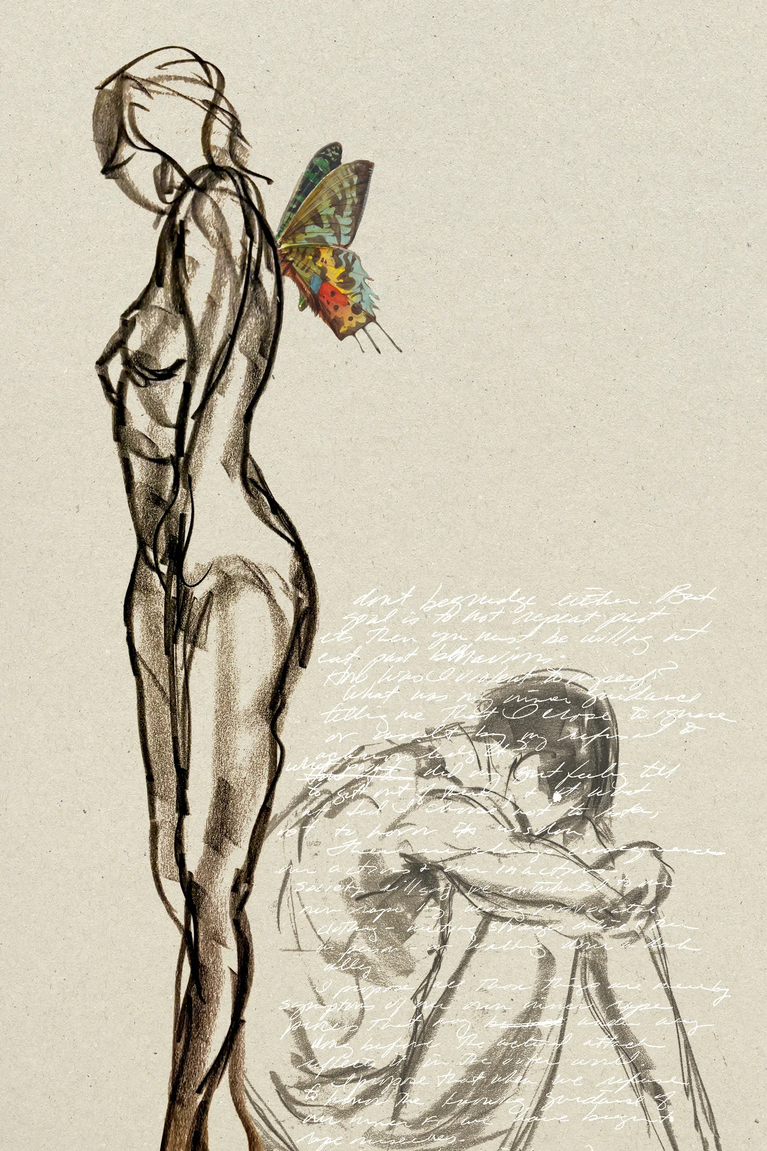Art collage including a gestural drawing of a woman standing with archival butterfly wings attached to her shoulder blades, back-to-back with a man sitting head down with arms wrapped around his knees.