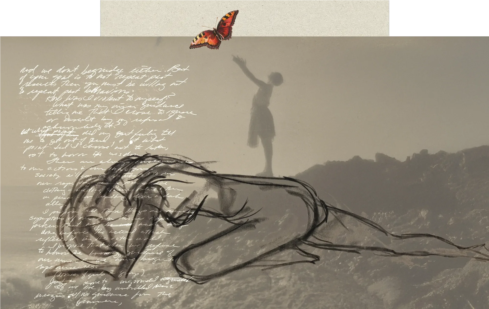 Art collage including a gestural drawing of a woman lying face down, and the photograph of a young girl standing on her back while releasing a butterfly.