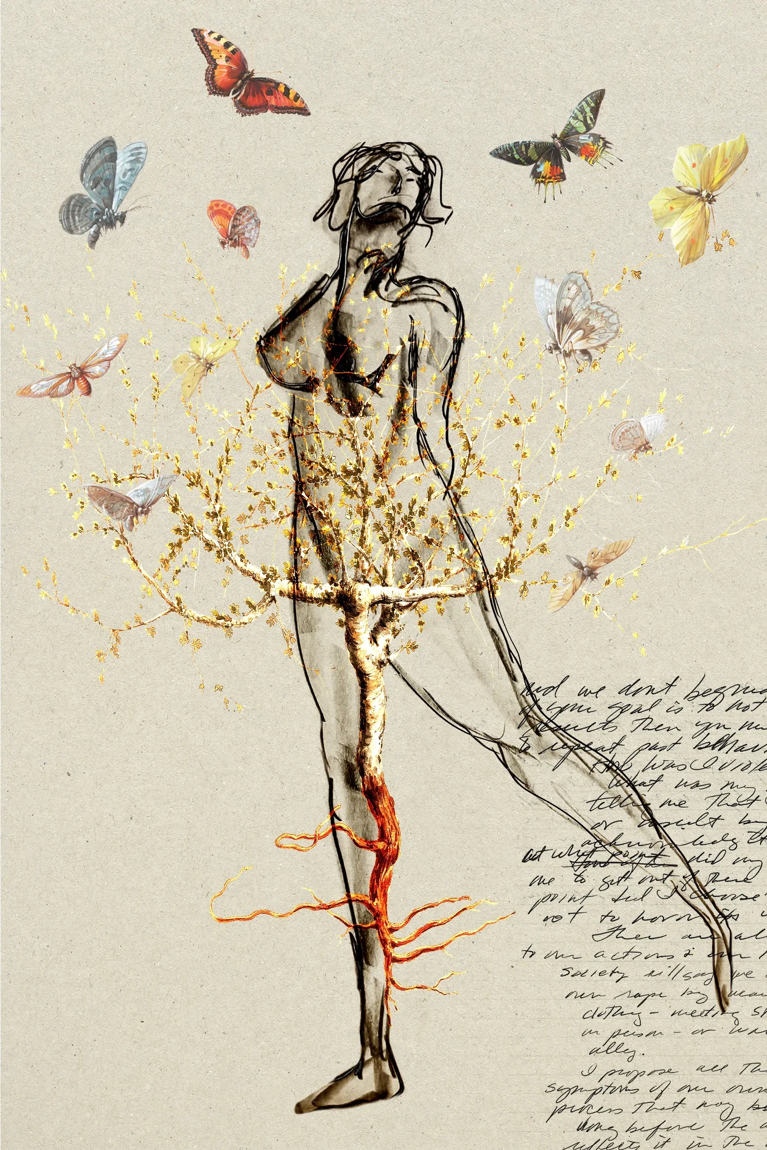 Art collage including the gestural drawing of a woman, with archival drawings of butterflies around her head and a golden tree rooting in her heal with branches reaching up toward her chin.