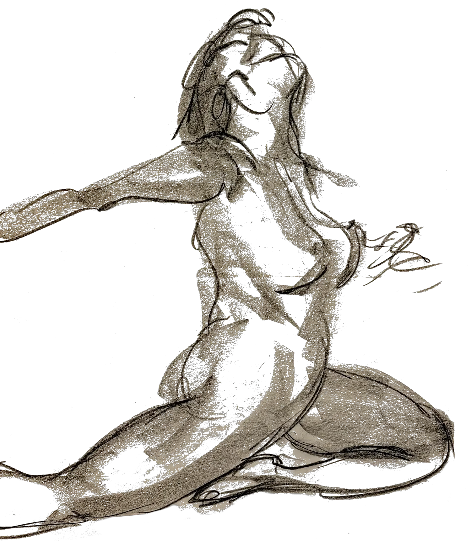 Gestural drawing of a woman, head lifted and arms open wide.