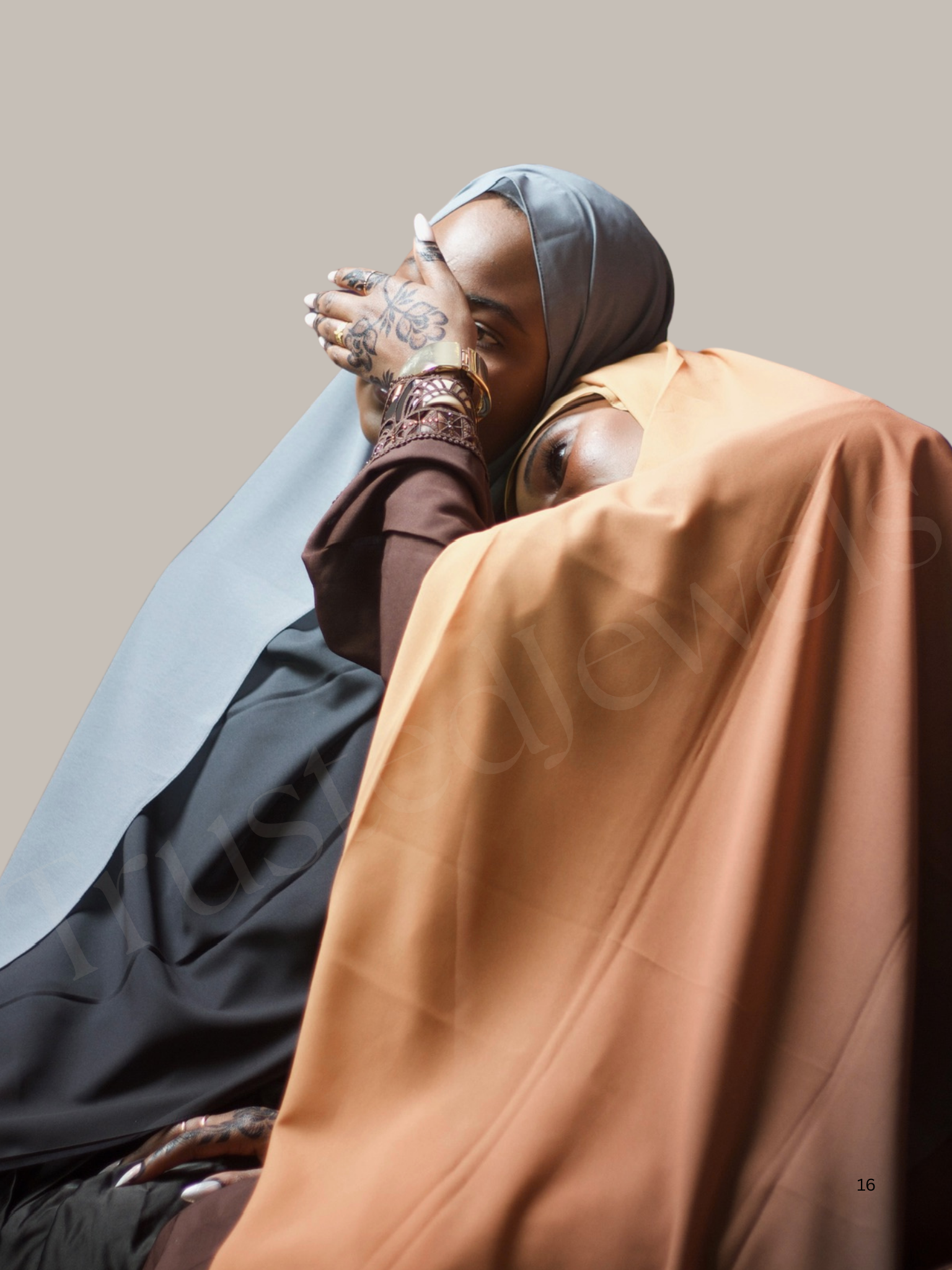 Two neutral-toned chiffon hijabs styled with modest outerwear, showcasing layered drape and coordinated color palettes.