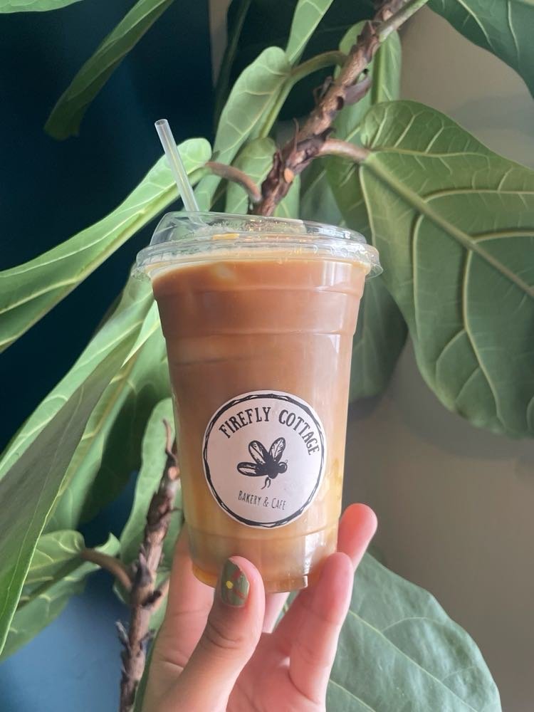 A hand holding a plastic cup with iced coffee or iced chocolate drink from Firefly Cottage Bakery & Cafe, with large green leaves of a plant in the background.