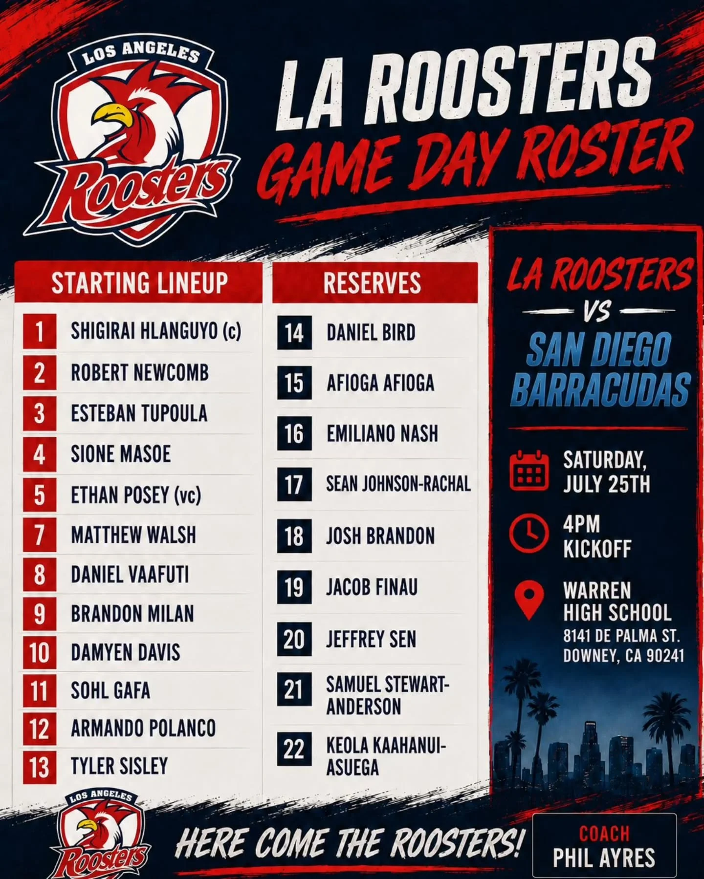 It's game day. Here Come your LA ROOSTERS. #rugbyleagueinamerica #rugbyleague #rugby