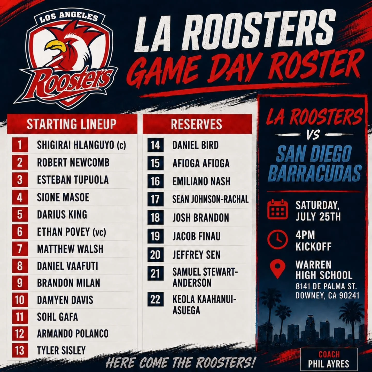 Your LA ROOSTERS team list has been revised closer to kickoff. (Ie. There were typos!)