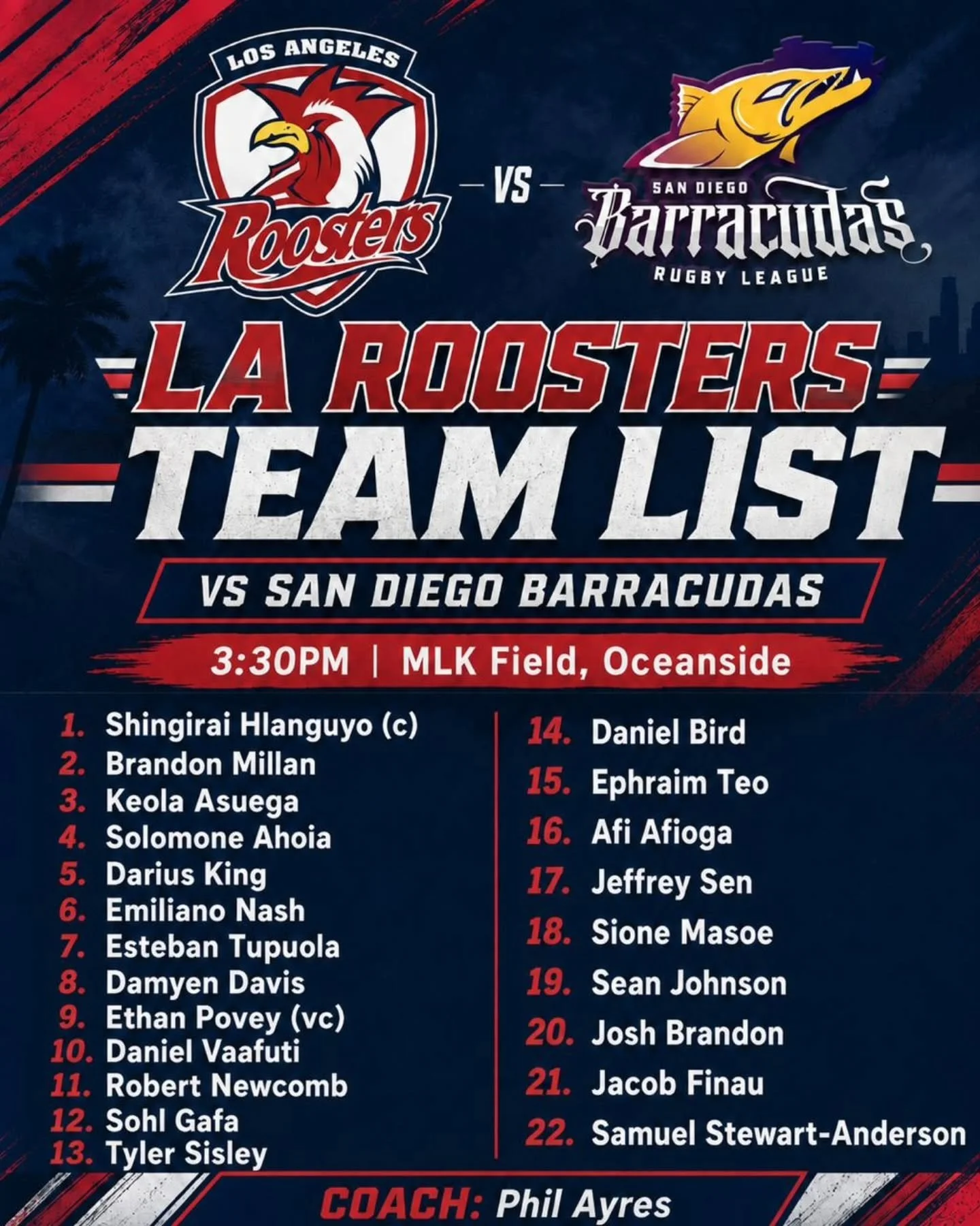 Line-up tomorrow's game, final game of the regular season! @sd_barracudas @rugbyleagueusa @my_endeavor_ #rugbyleagueinamerica #rugbyleague #rugby