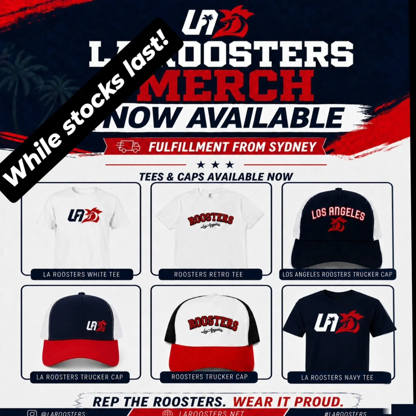 https://la-roosters.myshopify.com/
Some items already close to selling out! 

Grab your LA Roosters merch and support your chooks ahead of the National Championship on August 29th against @tamparugbyleague! @rugbyleagueusa #rugbyleagueinamerica #rugb