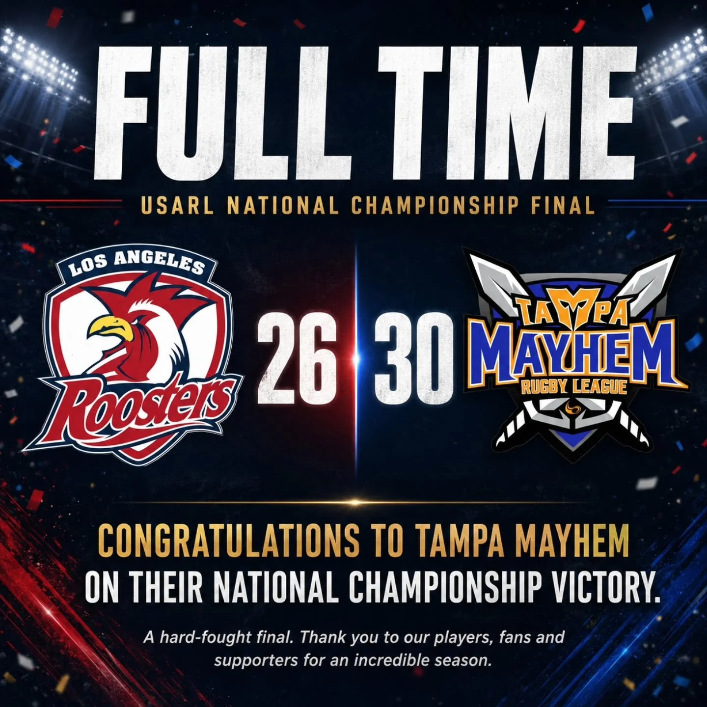 Hell of a game. Hell of a sport. Congratulations to @tamparugbyleague and thank you @rugbyleagueusa for an incredible season.