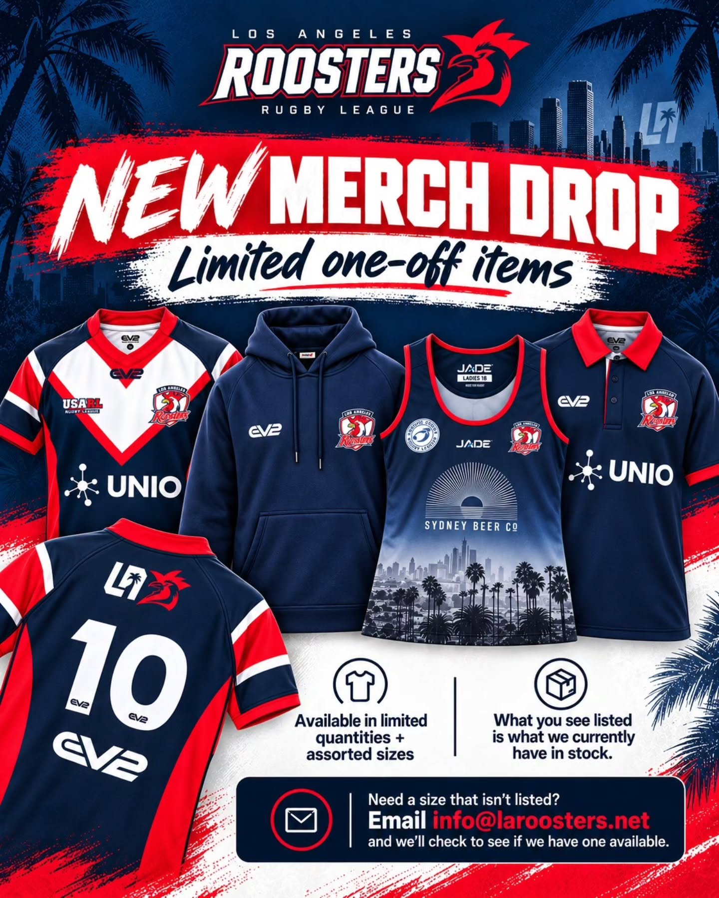 Let's celebrate the @sydneyroosters making the grand final with some new #LAROOSTERS merch! https://la-roosters.myshopify.com/