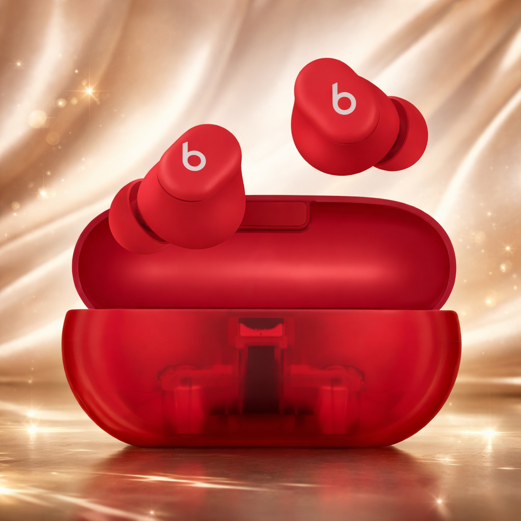Red wireless Beats earbuds in charging case with gold sparkling background.