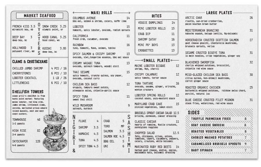 Menu with seafood and side dishes sections, listing various seafood items like mahi rolls, bites, small plates, and sides.