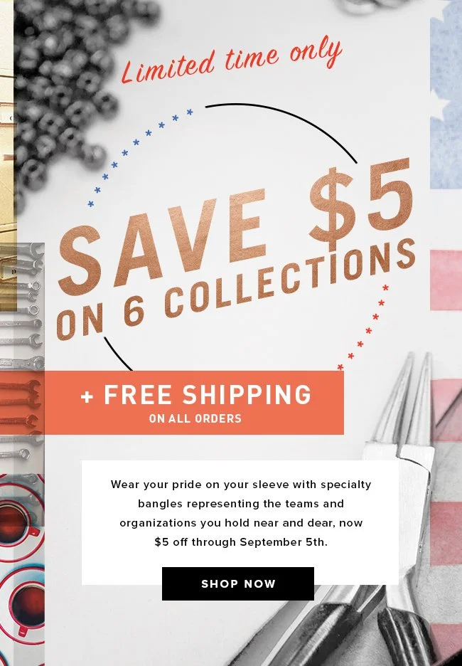 Advertisement offering a $5 discount on six collections, with free shipping, featuring pride-themed bracelet bangles and promotional text for limited time.
