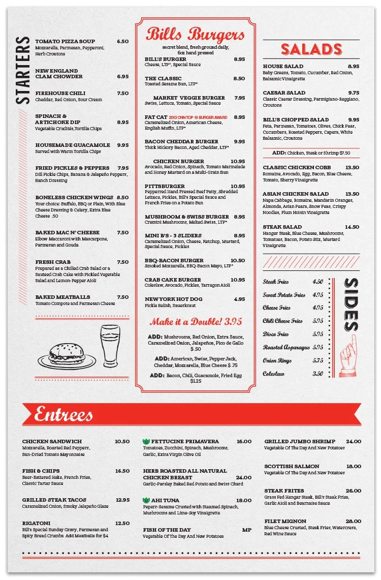 A menu from Bills Burgers and Snack Bar listing items such as tomato pizza soup, clam chowder, firehouse chili, spinach artichoke dip, various burgers, salads, side dishes, entrees like chicken sandwich, fish & chips, grilled steak tacos, and dessert