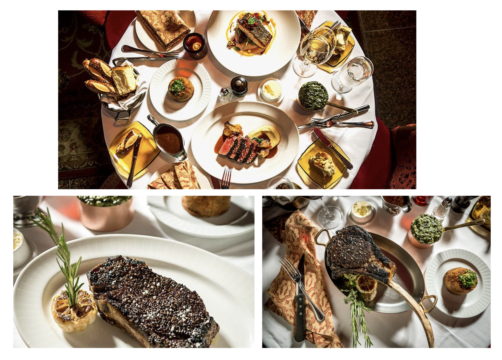Three images of a fine dining table with various gourmet dishes and drinks. The top image shows a round table with multiple plated meals, including steak, vegetables, and bread, along with wine glasses, sauces, and cutlery. The bottom left image feat