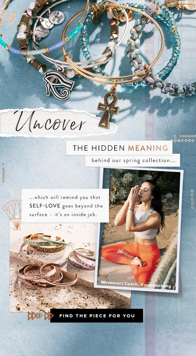 Collection of spring jewelry including bracelets and charms, a photo of a woman practicing meditation outdoors, and a display of colorful bangles on sand.