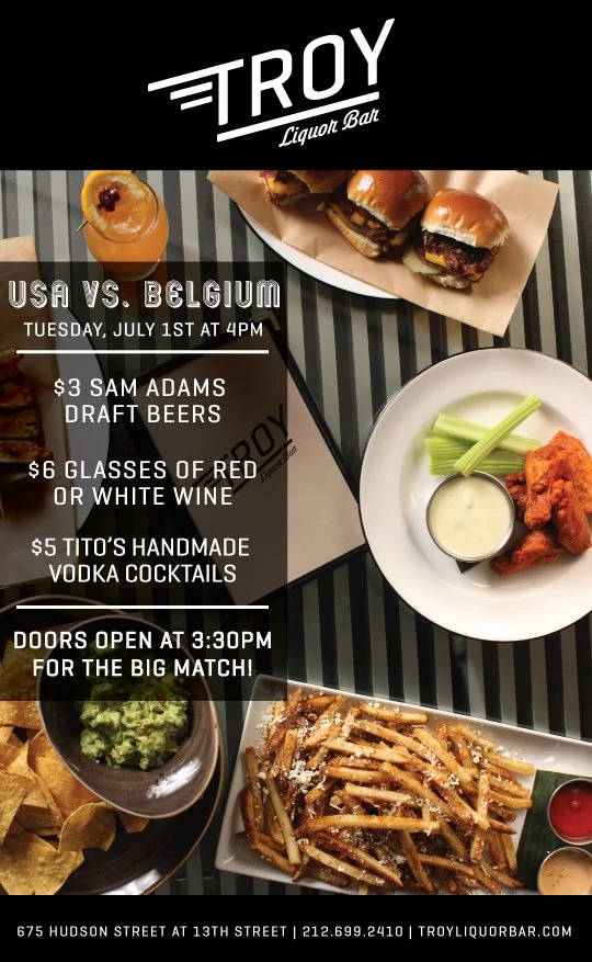 Promotional poster for an event at Troy Liquor Bar featuring food and drinks with a sports theme comparing USA and Belgium, scheduled for Tuesday, July 1st at 4 PM.