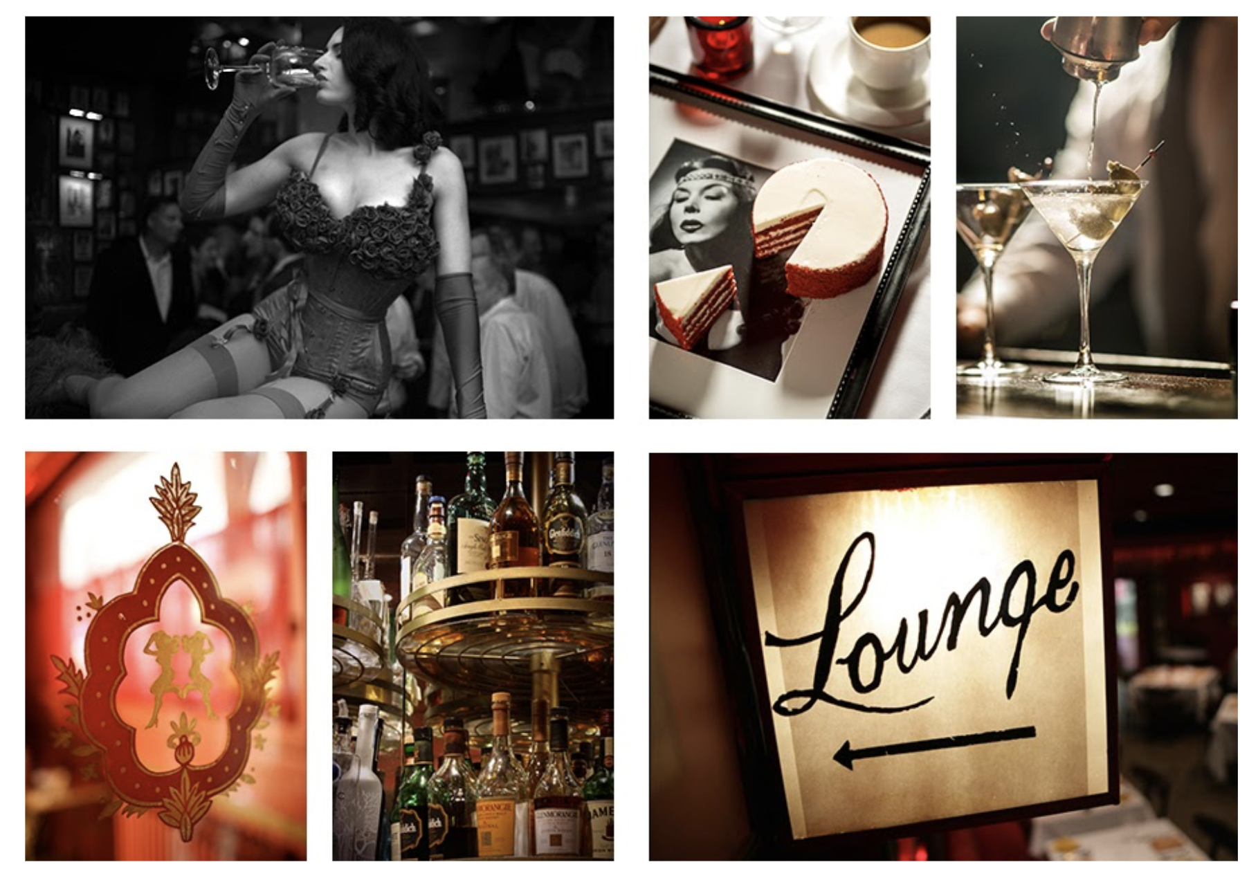 Six images showcasing a bar and lounge setting. The first image shows a woman in vintage lingerie enjoying a drink in a dimly lit bar. The second image features a cheesecake with Marilyn Monroe's photograph underneath. The third image captures a bart