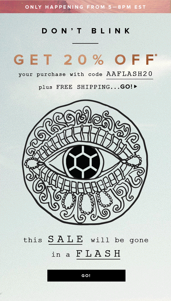 A promotional graphic announcing a 20% off sale with free shipping, valid from 5 to 8 PM EST. The design features an eye with intricate patterns and a hexagonal symbol in the center, along with text about the sale, discount code, and a 'Go!' button.