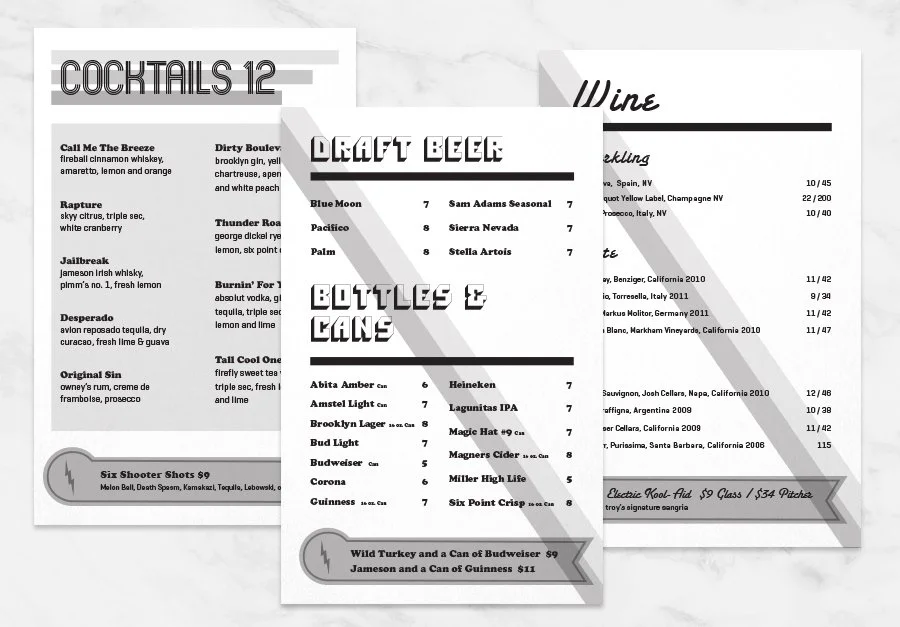 Three overlapping menus for drinks and cocktails with various options and prices. The menus feature sections for cocktails, draft beer, bottles and cans, and wine.