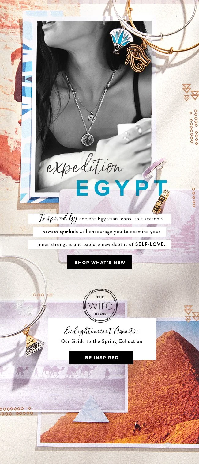 Advertisement featuring jewelry inspired by ancient Egyptian icons, with a black and white photo of a woman wearing necklaces and rings, surrounded by images of jewelry pieces, Egyptian pyramids, camels, and desert scenes.