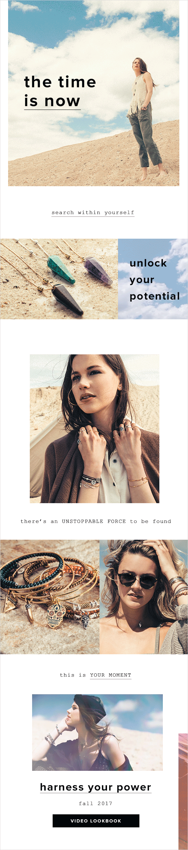 Inspirational quote with images of women, jewelry, and a woman on a beach, encouraging self-empowerment and inner strength.