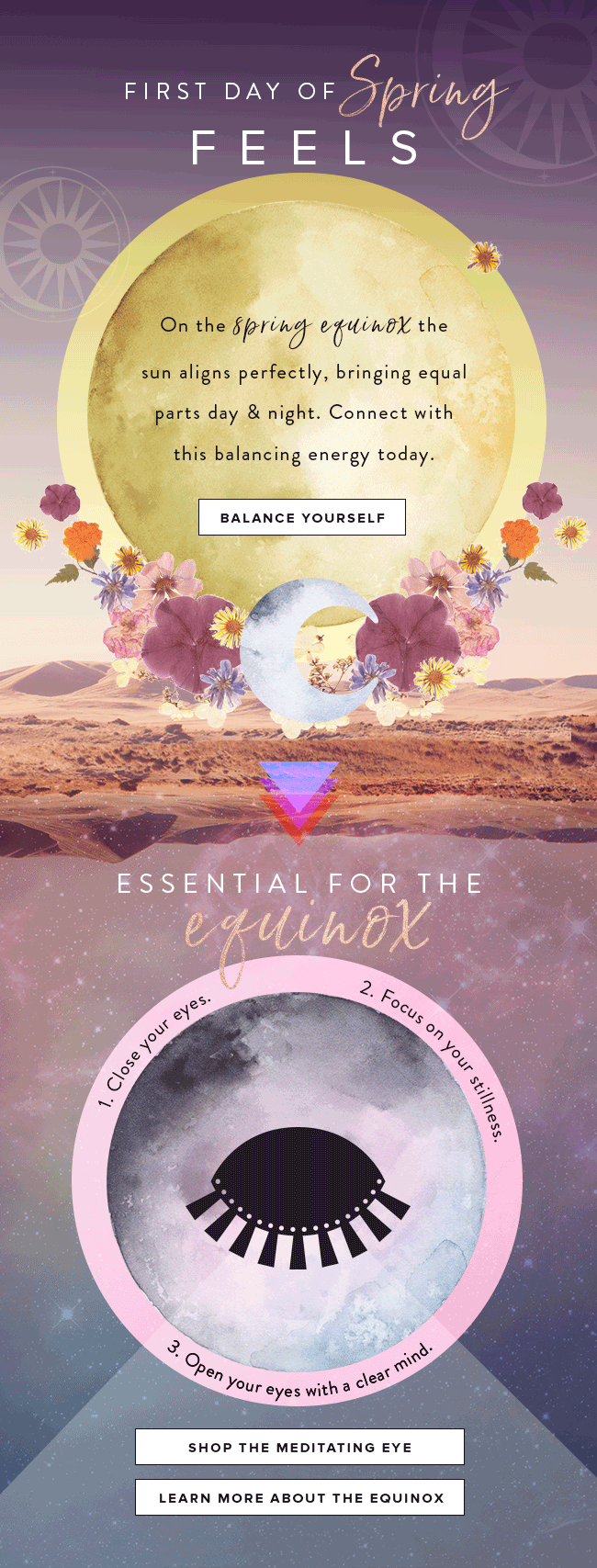 Celebration graphic for the first day of spring with pastel colors, flowers, a moon, and a landscape. Text about the spring equinox, balancing energy, and tips for the equinox meditation.