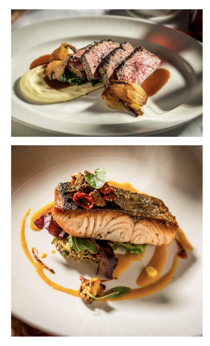 Two plates of gourmet food: the top plate has sliced steak with mashed potatoes, sauce, and roasted garlic, while the bottom plate features a cooked salmon fillet with greens, grains, and garnished with herbs and chili peppers, drizzled with sauces.