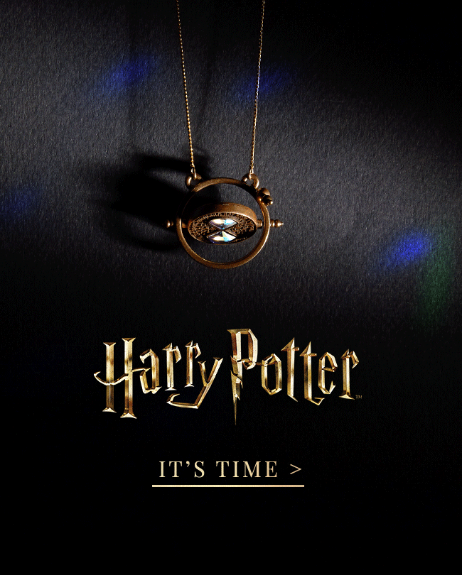 A necklace with a pendant of a golden circle with an eye-shaped design inside, hanging against a dark background. Below the necklace, the text reads 'Harry Potter' in gold, stylized font, and underneath it, the phrase 'IT'S TIME '.
