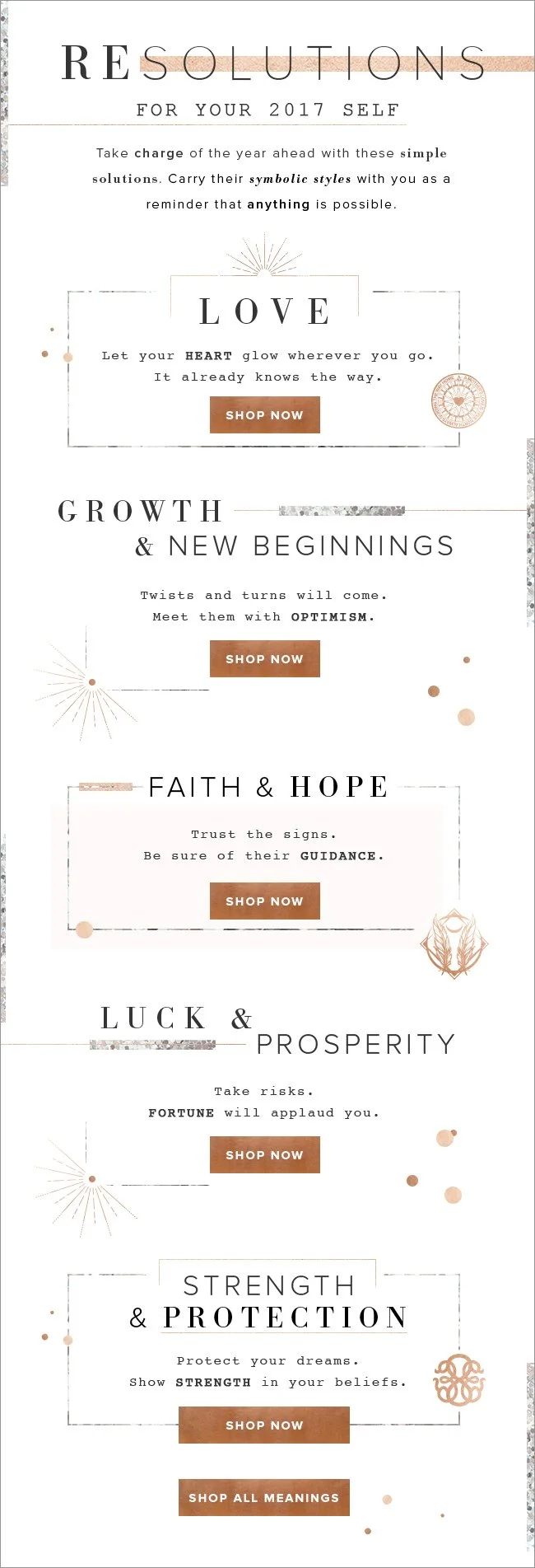 A digital graphic of new year's resolutions for 2017, with motivational messages and 'shop now' buttons related to love, growth, faith, luck, strength, and protection.