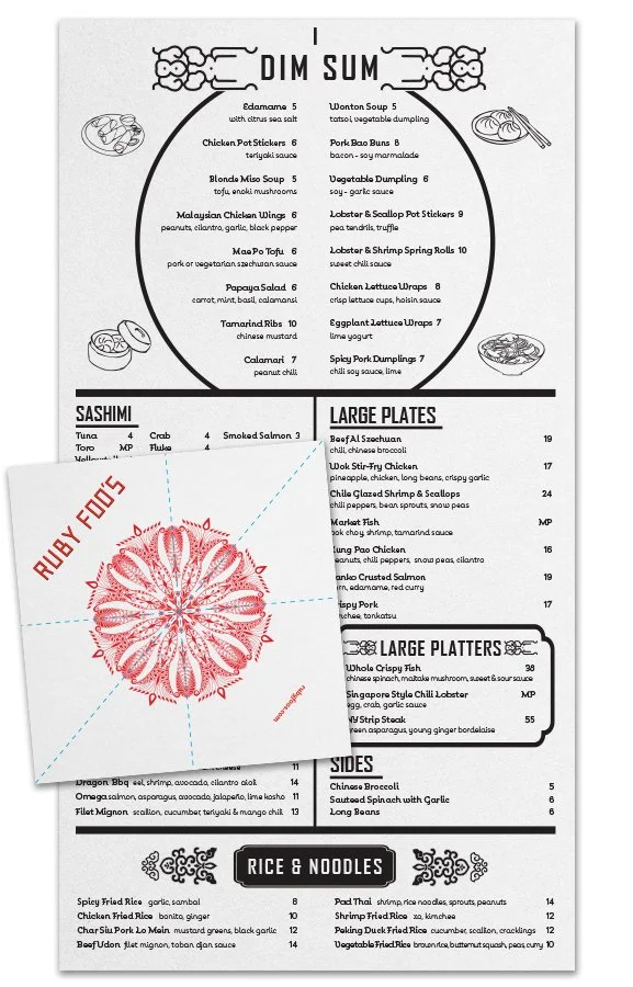 A seafood restaurant menu with dishes divided into sections for Dim Sum, Sashimi, Large Plates, Large Platters, Sides, and Rice & Noodles. Features items such as Dum Sum, Beef Szechuan, Singapore Style Chili Lobster, and Spicy Fried Rice.