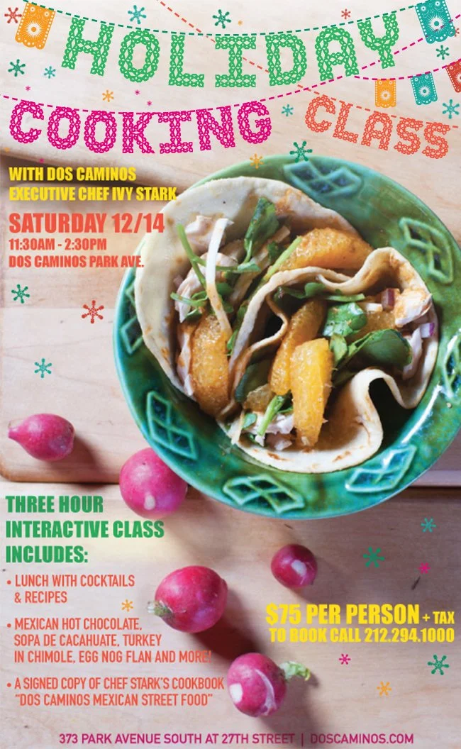 An advertisement for a holiday cooking class featuring a colorful taco with various ingredients, decorated with festive banners, and radishes on a wooden surface.