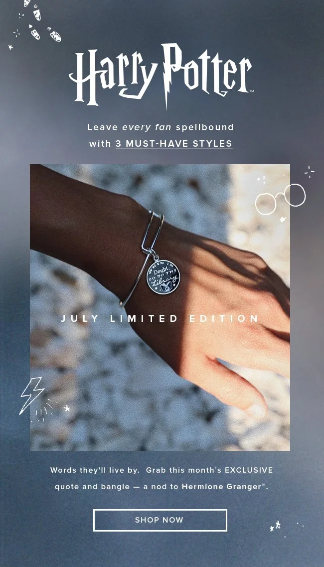 Advertisement for Harry Potter-themed jewelry, featuring a hand wearing a bracelet with a round charm. The ad promotes a July limited edition collection with three must-have styles and highlights a quote by Hermione Granger.