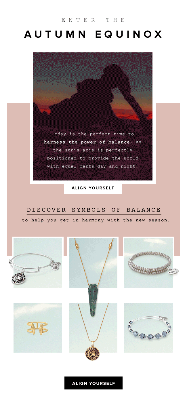 An inspirational graphic with a silhouette of a person meditating against a sunset, along with text about harnessing balance and images of jewelry symbols of balance.
