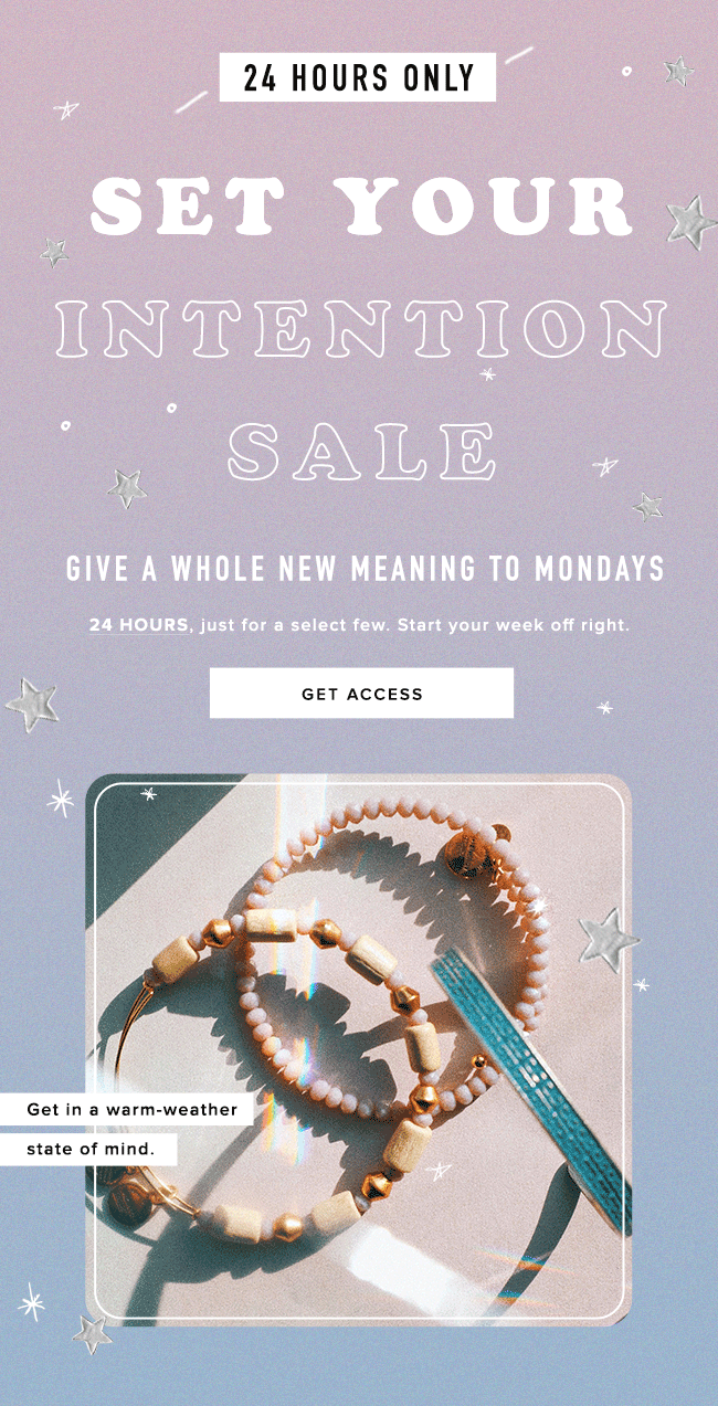A promotional advertisement for a sale event called 'Set Your Intention Sale,' available for 24 hours only. The ad has a soft purple background with star and moon illustrations, and features a section showing hand-made beaded jewelry with some bracel