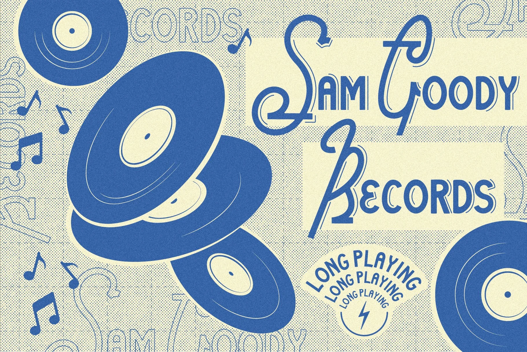 Retro-style graphic with blue record players, musical notes, and text that reads 'Sam Goody Records Long Playing Long Playing Long Playing'.