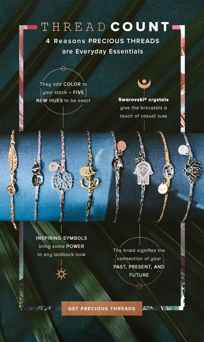 Display of several bracelets with different charms on a blue and black background. The image promotes the concept of 'Thread Count,' highlighting four reasons why precious threads are essential: adding color to stacks, incorporating Swarovski crystal