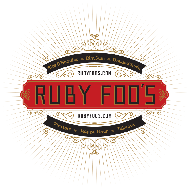 Logo for Ruby Foon's restaurant featuring gold decorative elements and radiating lines, with the name in bold red and black text, and menu items like rice & noodles, dim sum, dressed sushi, platters, happy hour, and takeout.