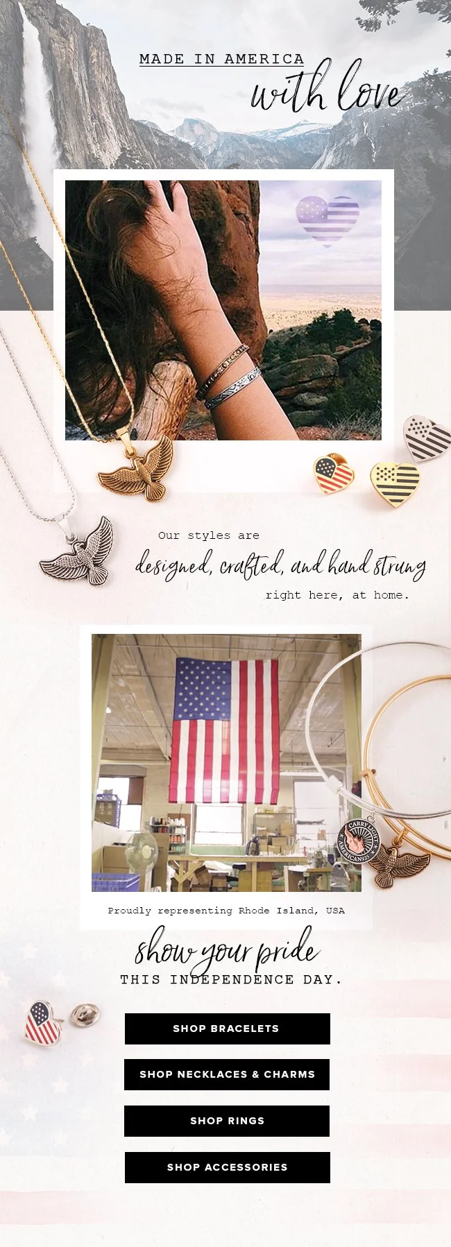 Promotional flyer for American-made jewelry and accessories celebrating Independence Day with patriotic symbols. The flyer features a mountain landscape, a woman with bracelets, and American-themed jewelry, along with an American flag and a workshop