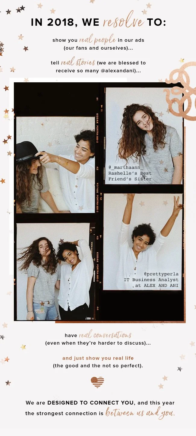 Text with photos of two women, one with long curly hair and the other with short curly hair, smiling and having fun together. The background includes star decorations and handwritten-style text about 2018 resolutions to show real people, tell real st