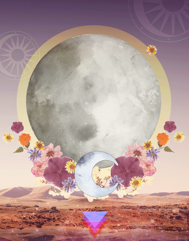An artistic illustration featuring a large gray moon with a halo surrounded by colorful flowers, a crescent moon, and geometric shapes in a desert landscape at sunset.