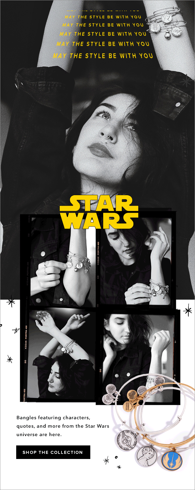 A woman with dark hair and a septum piercing wears jewelry and a black jacket in a black and white Star Wars-themed jewelry promotional image, featuring bracelets with Star Wars characters and quotes.