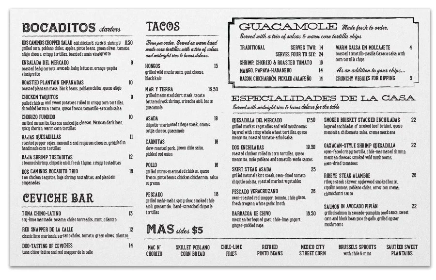 Restaurant menu with sections for starters, tacos, ceviche bar, guacamole, specialidades de la casa, and sides. Prices range from $4 to $26, featuring items like chicken taquitos, chorizo fundido, beef tacos, ceviche, and grilled salmon.