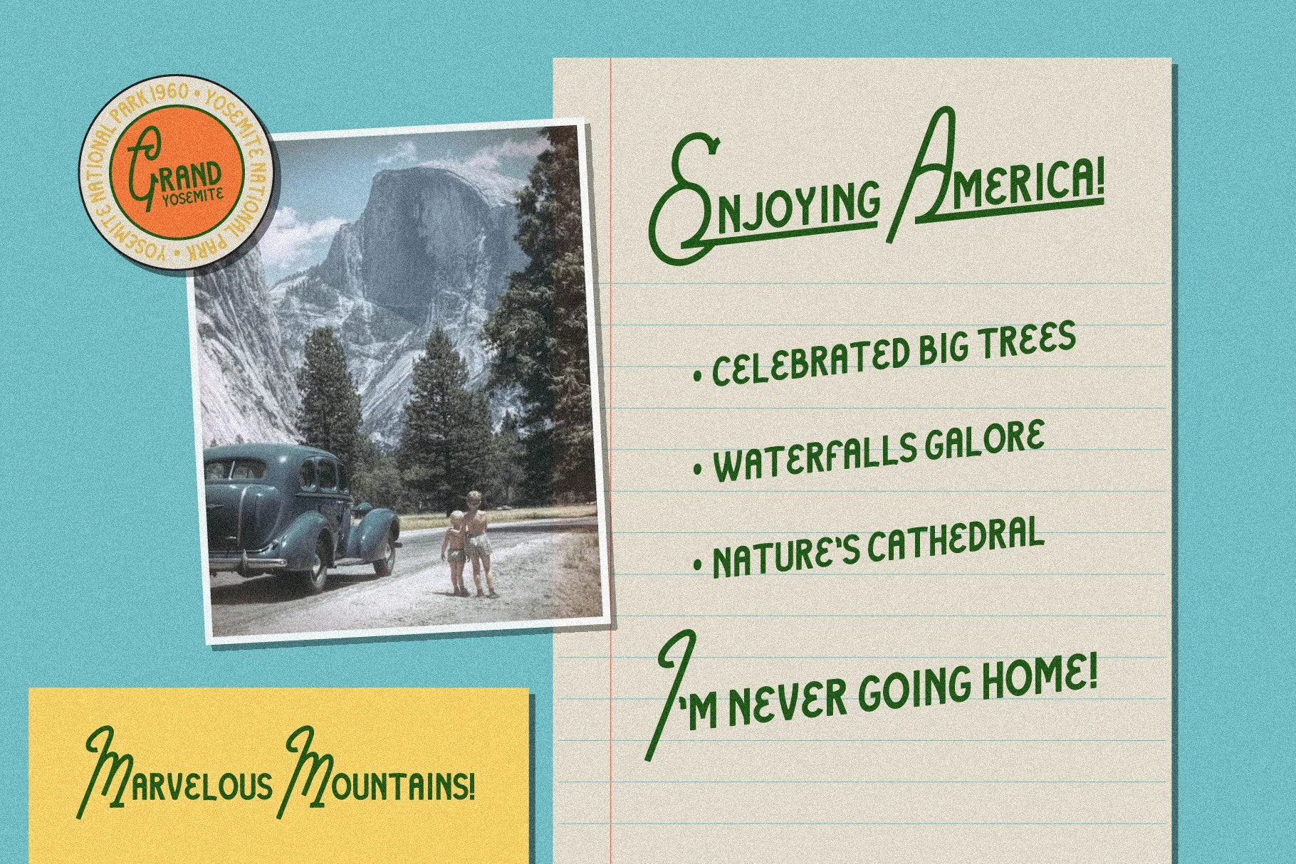 Vintage-inspired travel card celebrating Yosemite National Park with a photo of a classic car and two children at Yosemite's granite cliffs, along with handwritten style text praising big trees, waterfalls, and nature, and a badge stating 'Grand Yose